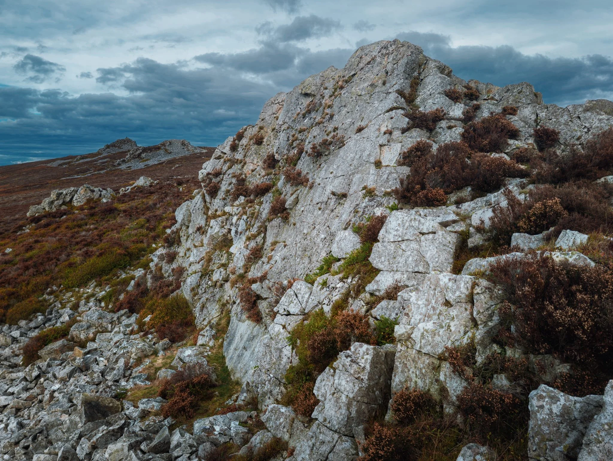 The Stiperstones is a hill as well as the collective names for all the rock formations along its summit. This is the western face of Cranberry Rock, with Manstone Rock then Devil’s Chair in the distance.