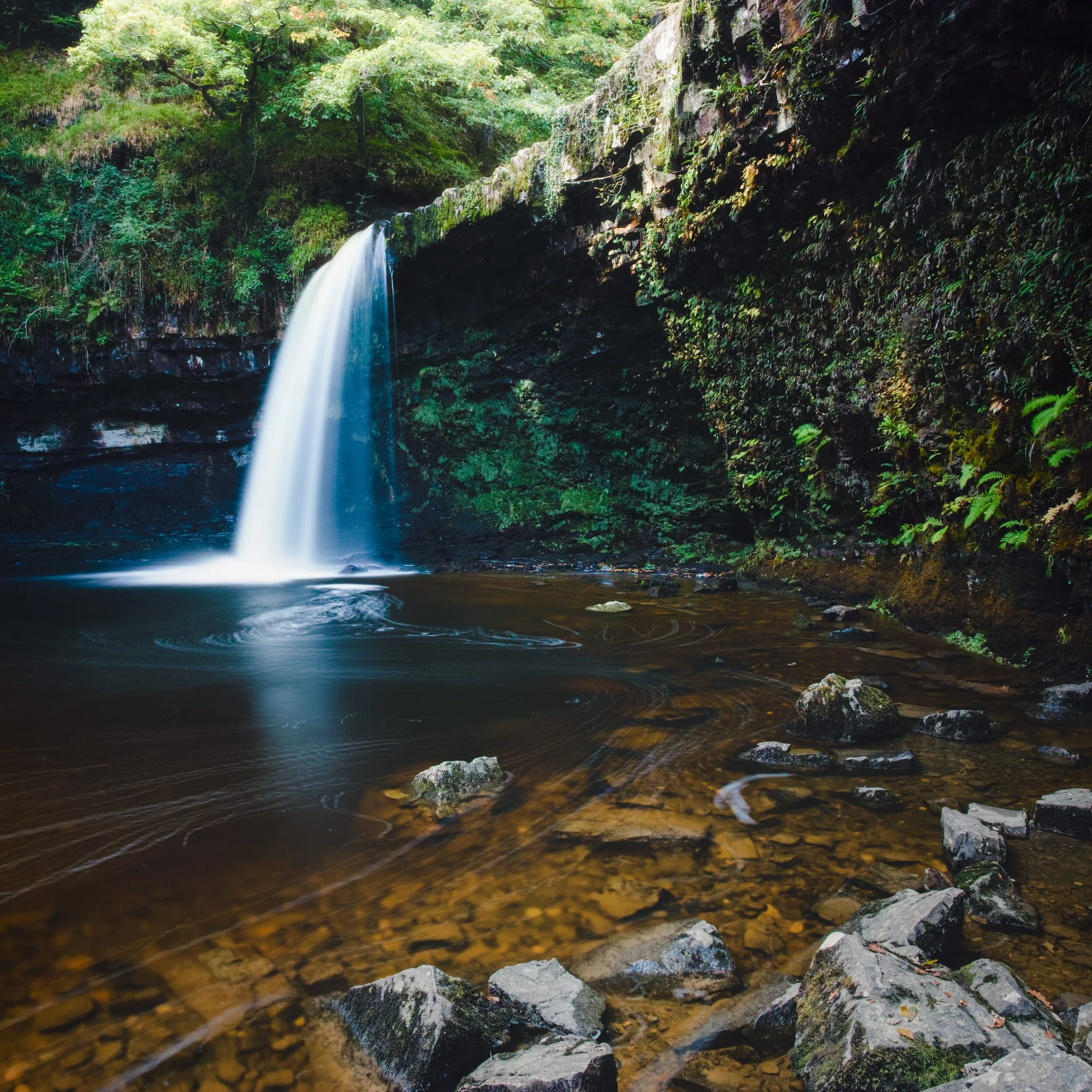 Sgwd Gwladys (pronounced “Sgood Goo-LAD-us”, meaning “the Lady Falls”), found on the Elidir Trail in the Waterfall Country of the Brecon Beacons National Park, South Wales.