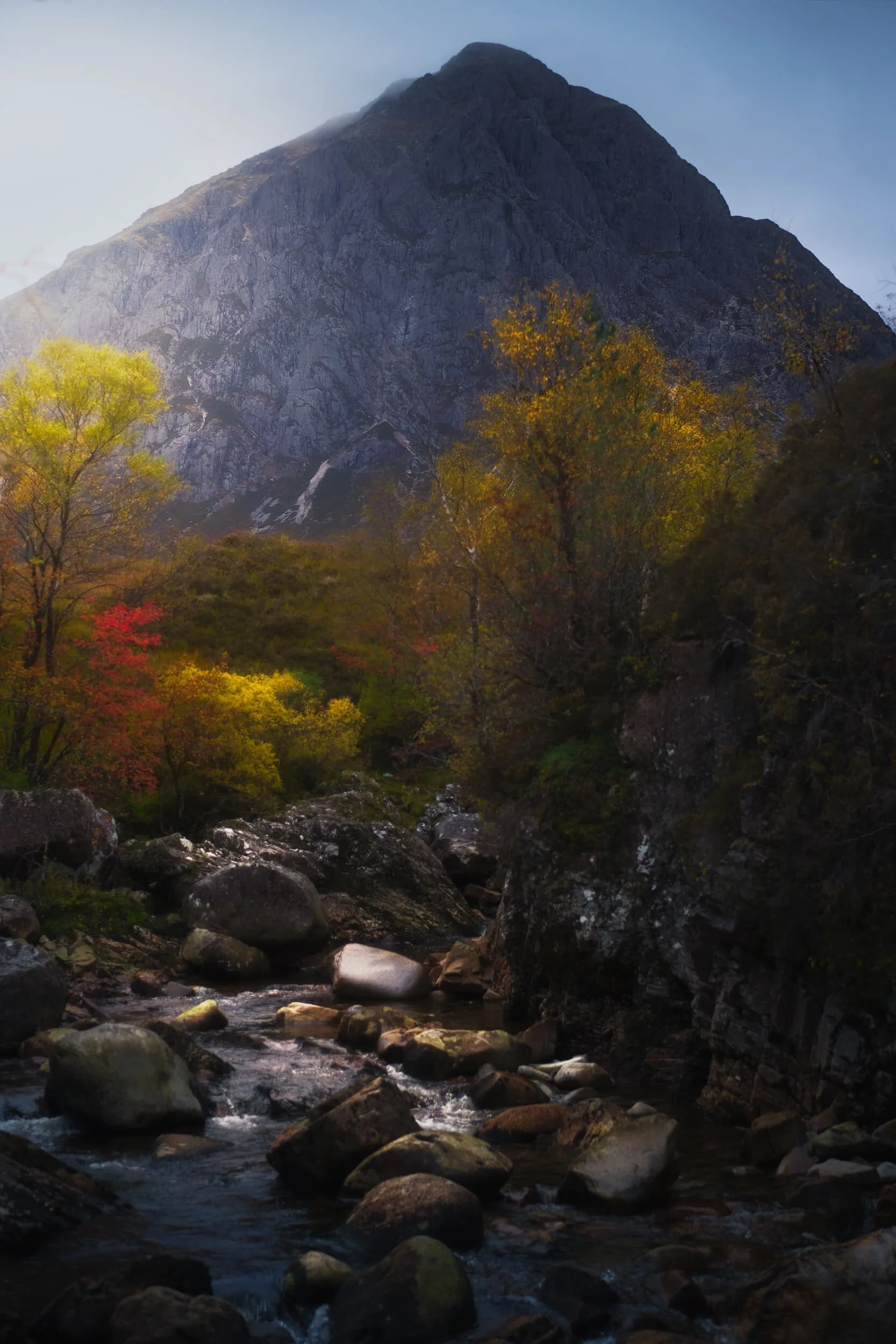 A tighter composition of the giant pyramidal peak of the Buachaille, featuring some of the wonderful autumnal foliage around the Coupall/Etive river junction.