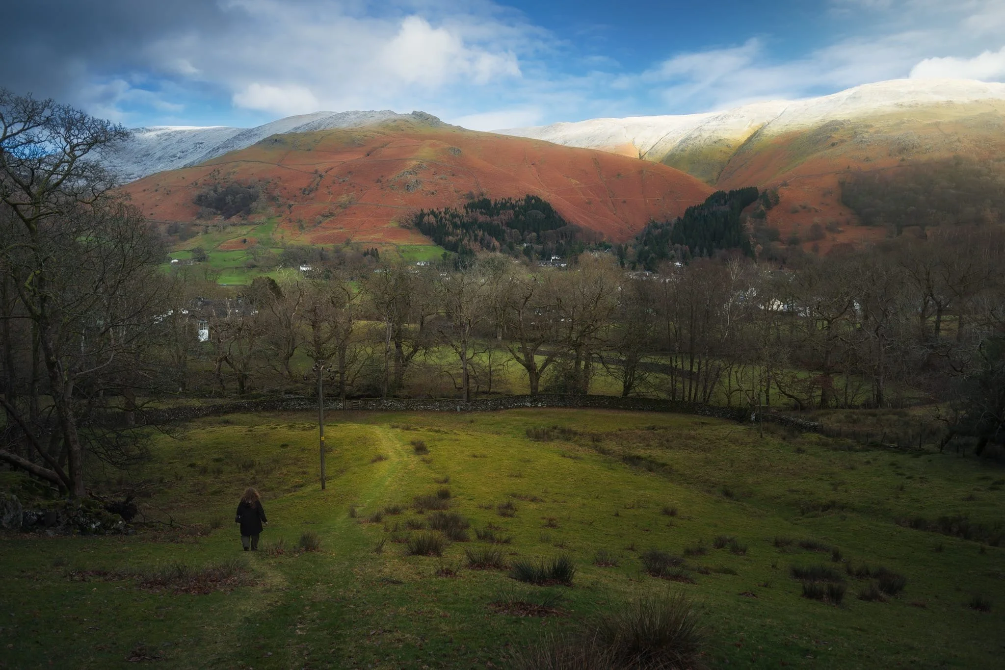 Heading down the hill towards Goody Bridge, the snowcapped Great Rigg on the right is illuminated. Love the rusty colours some of the Lake District and Scottish fells turn in the autumn and winter.
