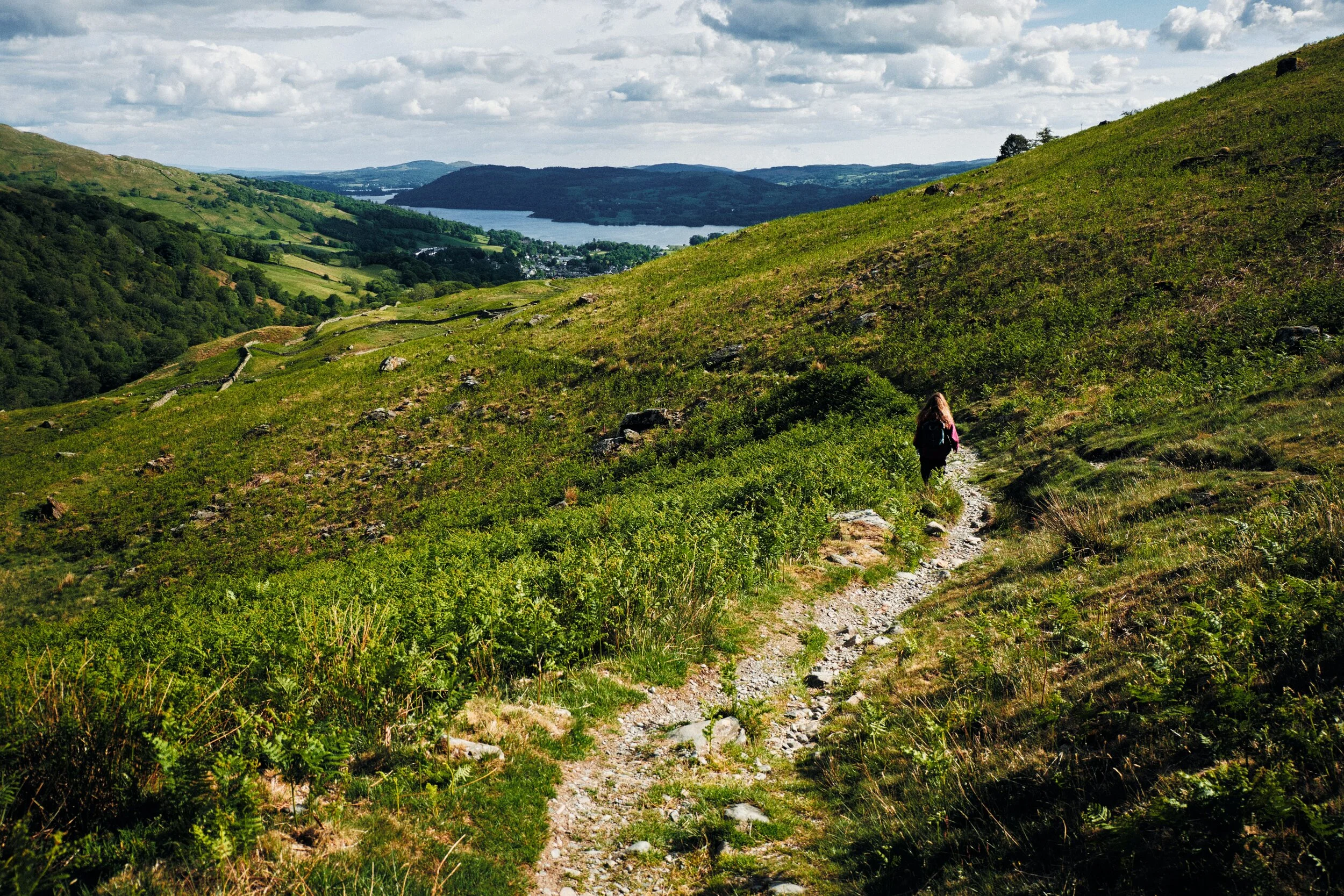 My lovely Lisabet leading the way back down Scandale’s western shoulder, with England’s largest lake Windermere in the distance. A glorious view.