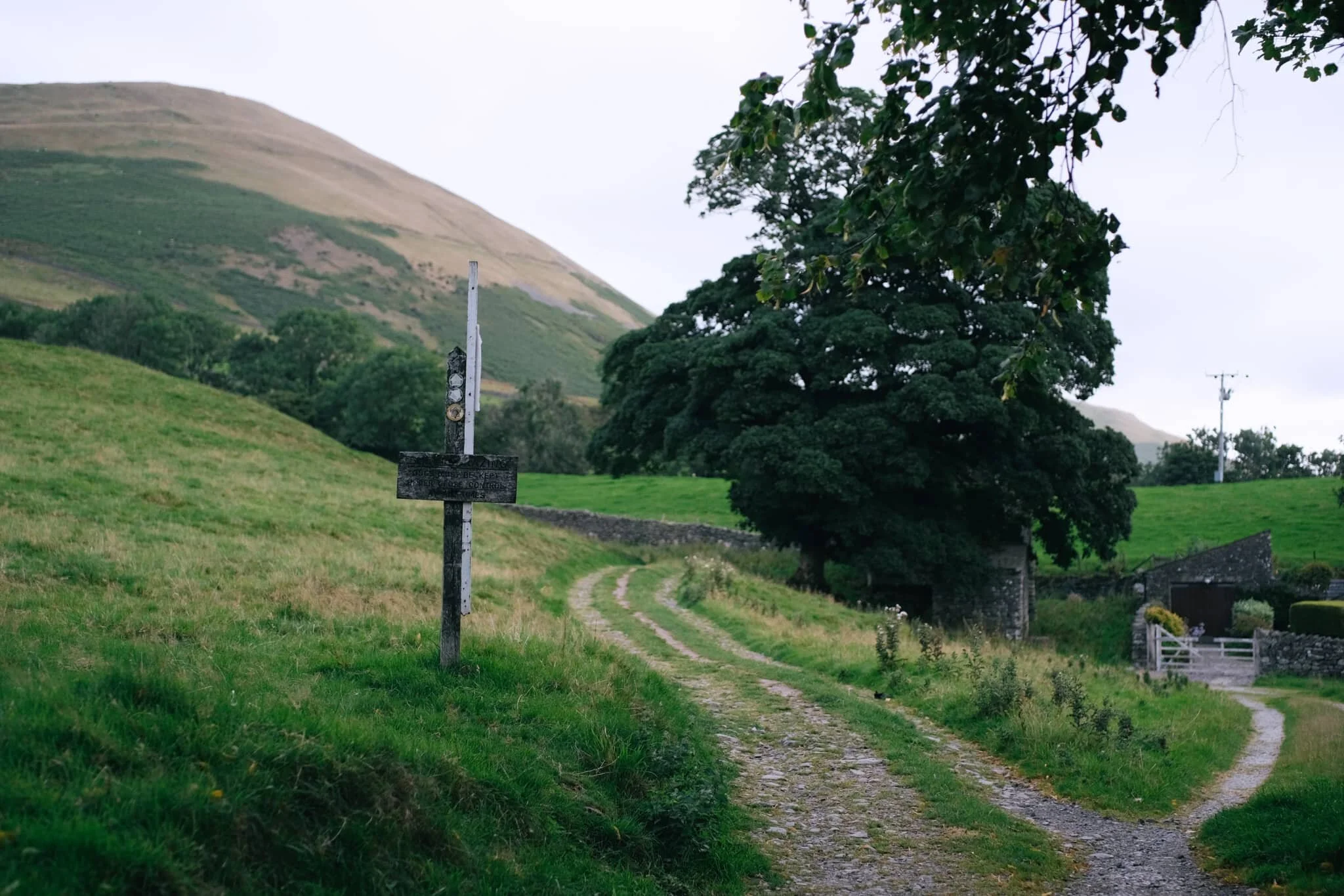 The way marker indicates the Dales High Way, the main trail that takes you up into the Howgills from Sedbergh. The fell on the left is Crook.
