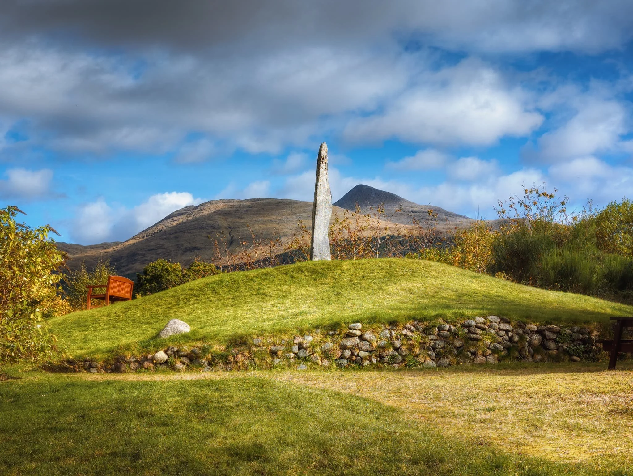 Back in Taynuilt, we learned there was a small 44 m high drumlin in the village with a beautiful monument set on its summit. Welp, this is the view as you approach the monument. Not bad, eh? The monument, styled in my mind like the Machrie Moor stones on Arran , is claimed to have been the first monument to be erected in Britain to commemorate the death of Nelson at the Battle of Trafalgar.