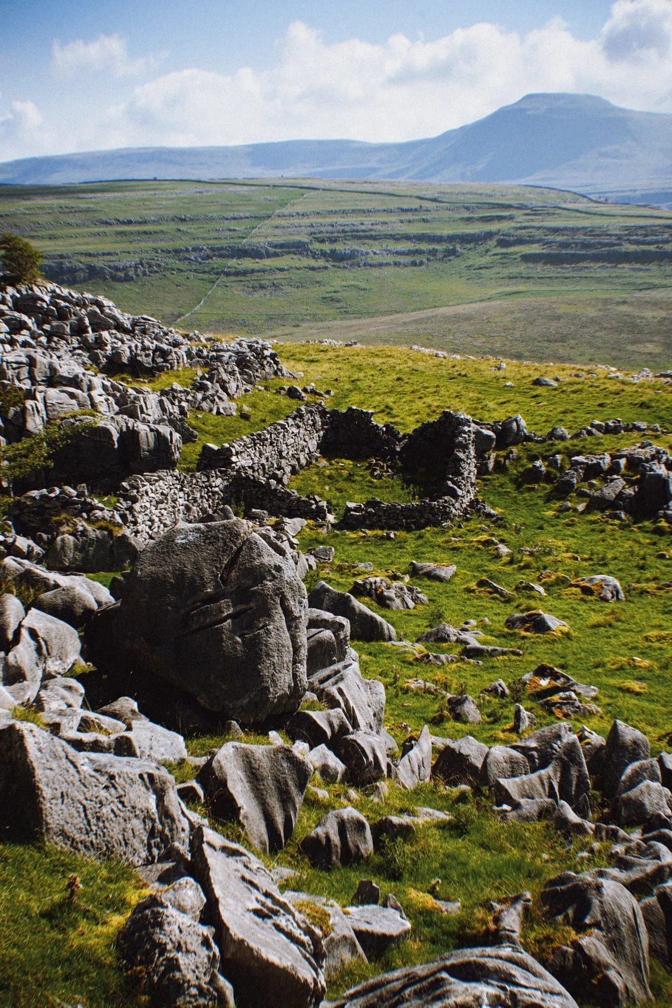 As we clamber through the irregular clints and grikes of limestone, and navigate the occasional boulder, Ingleborough emerges from above Twistleton Scar. An old drystone sheep pen provides a nice foreground subject contrast against the fell in the distance.