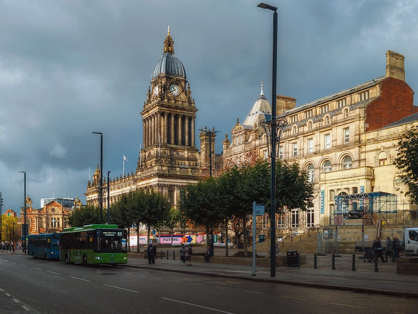 The impressive Leeds Town Hall, still in the process of being massively refurbished. Opened in 1858 with a ceremony involving Queen Victoria herself, it’s one of the largest Town Halls in the UK. Originally built to house law courts, a council chamber, offices, a public hall, and a suite of ceremonial rooms, it now serves mainly as a concert, conference and wedding venue.