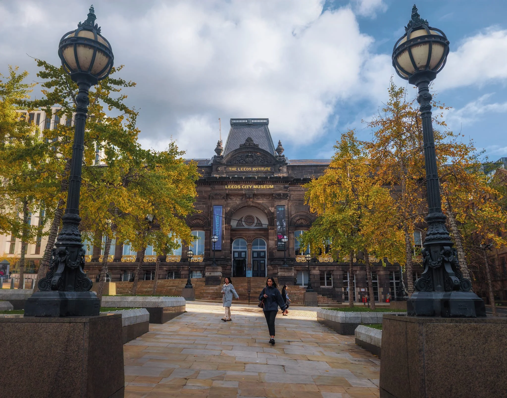 The way to Leeds City Museum, framed by beautiful autumnal trees. It was built in 1819.