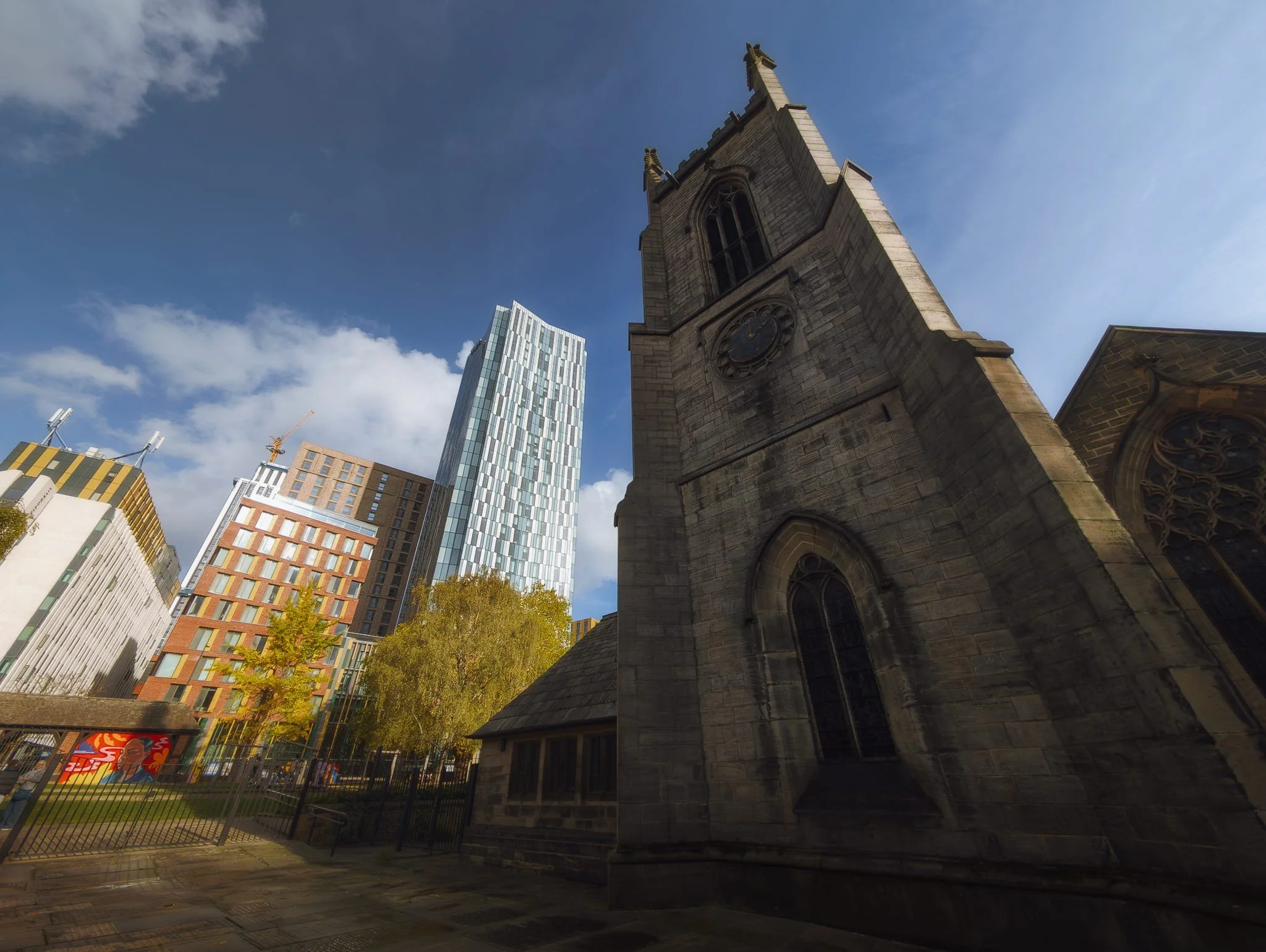 Talking of old and new, here’s a more extreme example. The church is St. John the Evangelist’s Church, established in 1634 and is the oldest building in Leeds city centre. Now redundant, it’s under the care of the Churches Conservation Trust. Dominating the skyline behind is the Scrape student accommodation building.