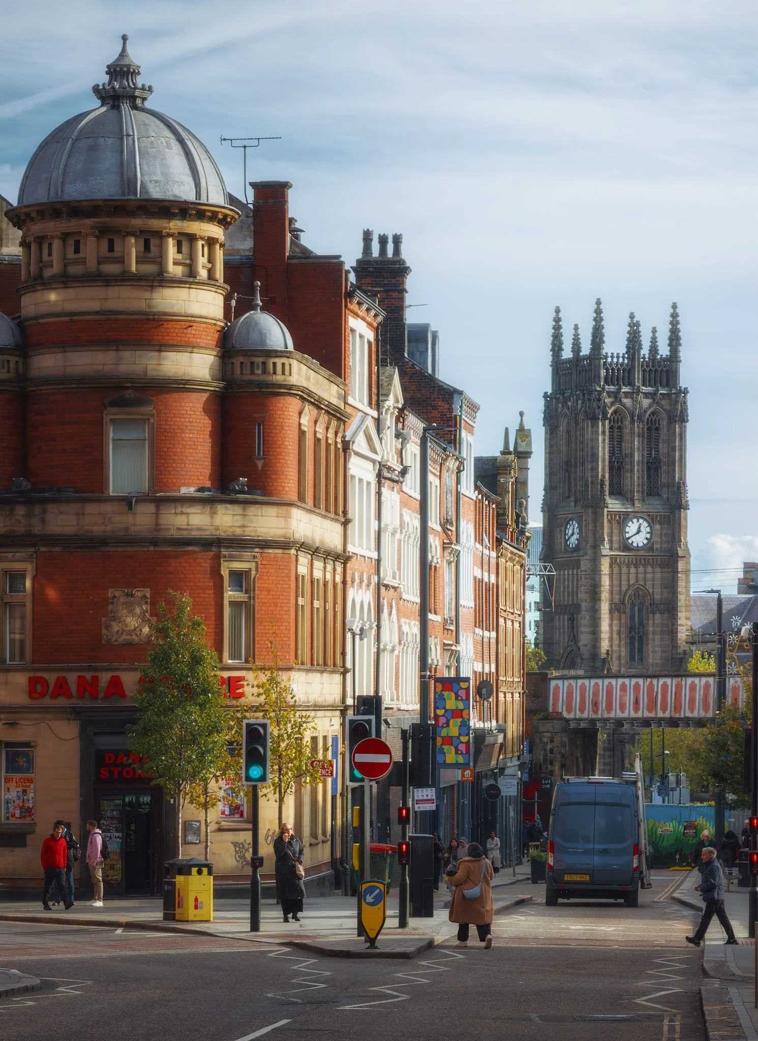 After a bite to eat at Jenny’s Jerk Chicken in the famous Kirkgate Food Hall, we continued our meanderings. On the left, No. 4 New York Street, originally a bank. In the distance, Leeds Minster rises imperiously.