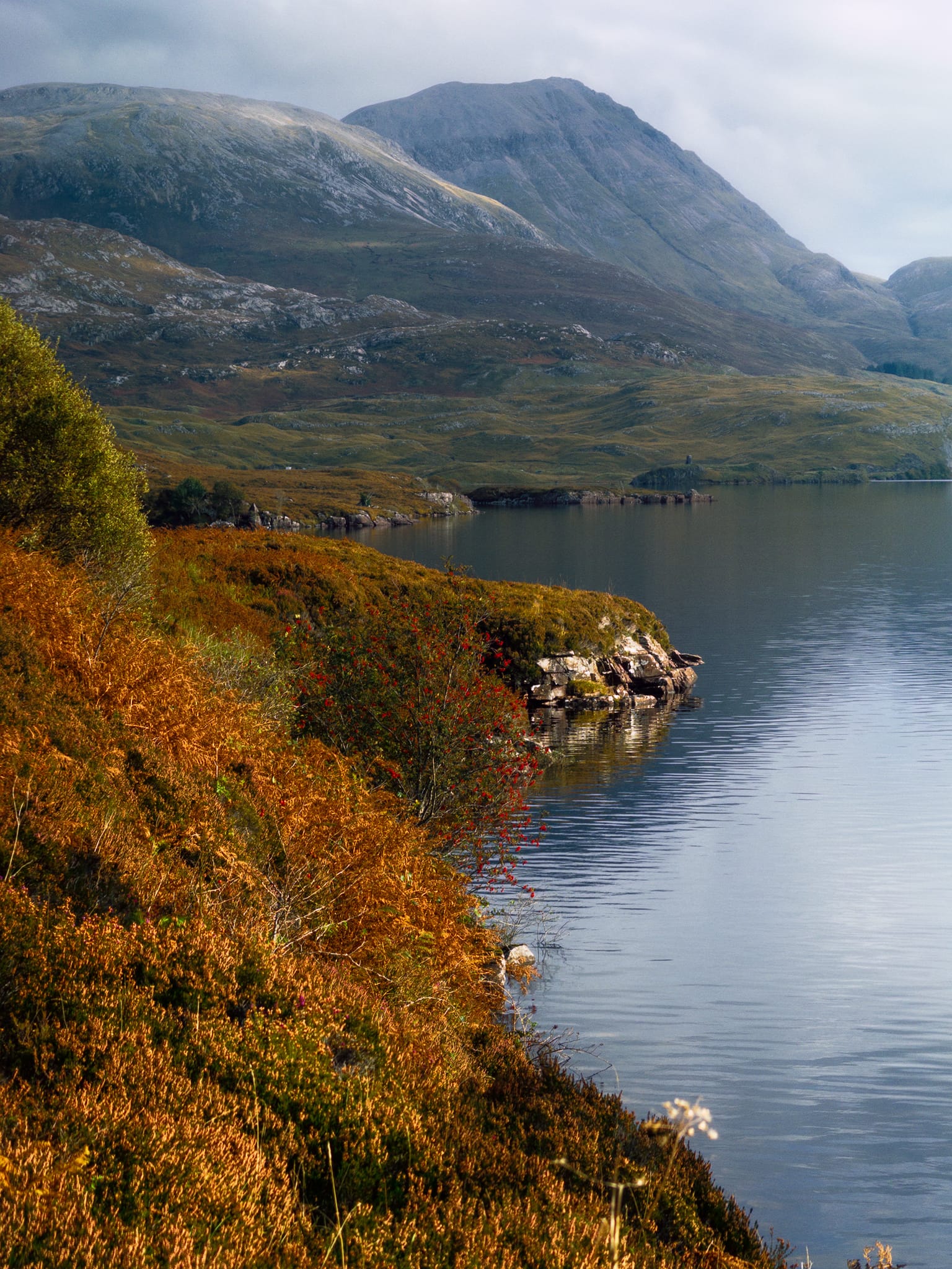 Along the northern shore of Loch Assynt, we stopped off at another free layby to get as close to the loch shore as possible. The sun burst between the clouds to illuminate the beautiful autumn colours flanking the shore. In the distance the pyramidal peak of Conival commands your attention, and to the left is the limestone-scree slope of Beinn an Fhurain.