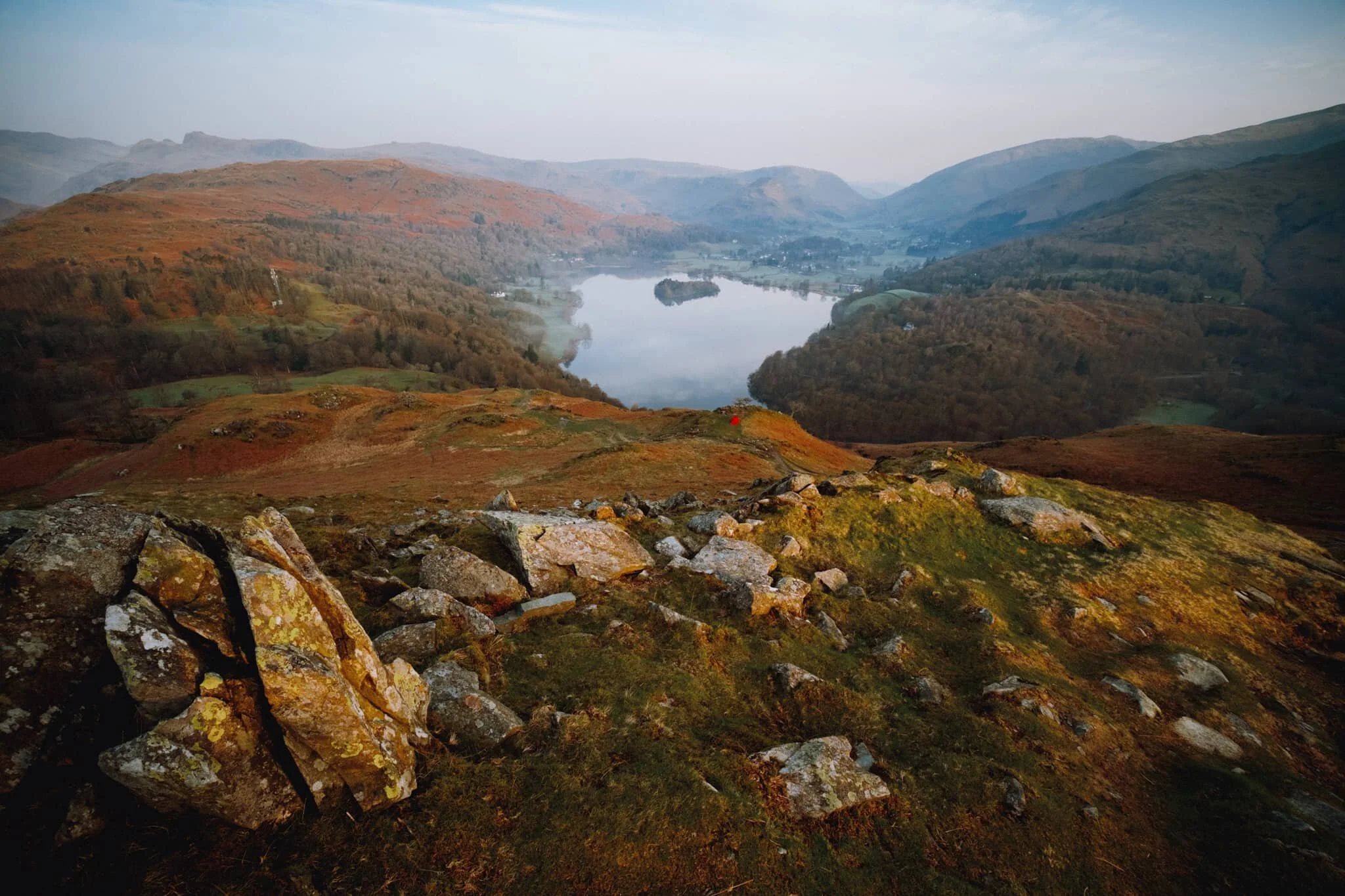 Nearly at the summit of Loughrigg, we look back to this cracking view of Grasmere, its namesake village, and the Central Fells.