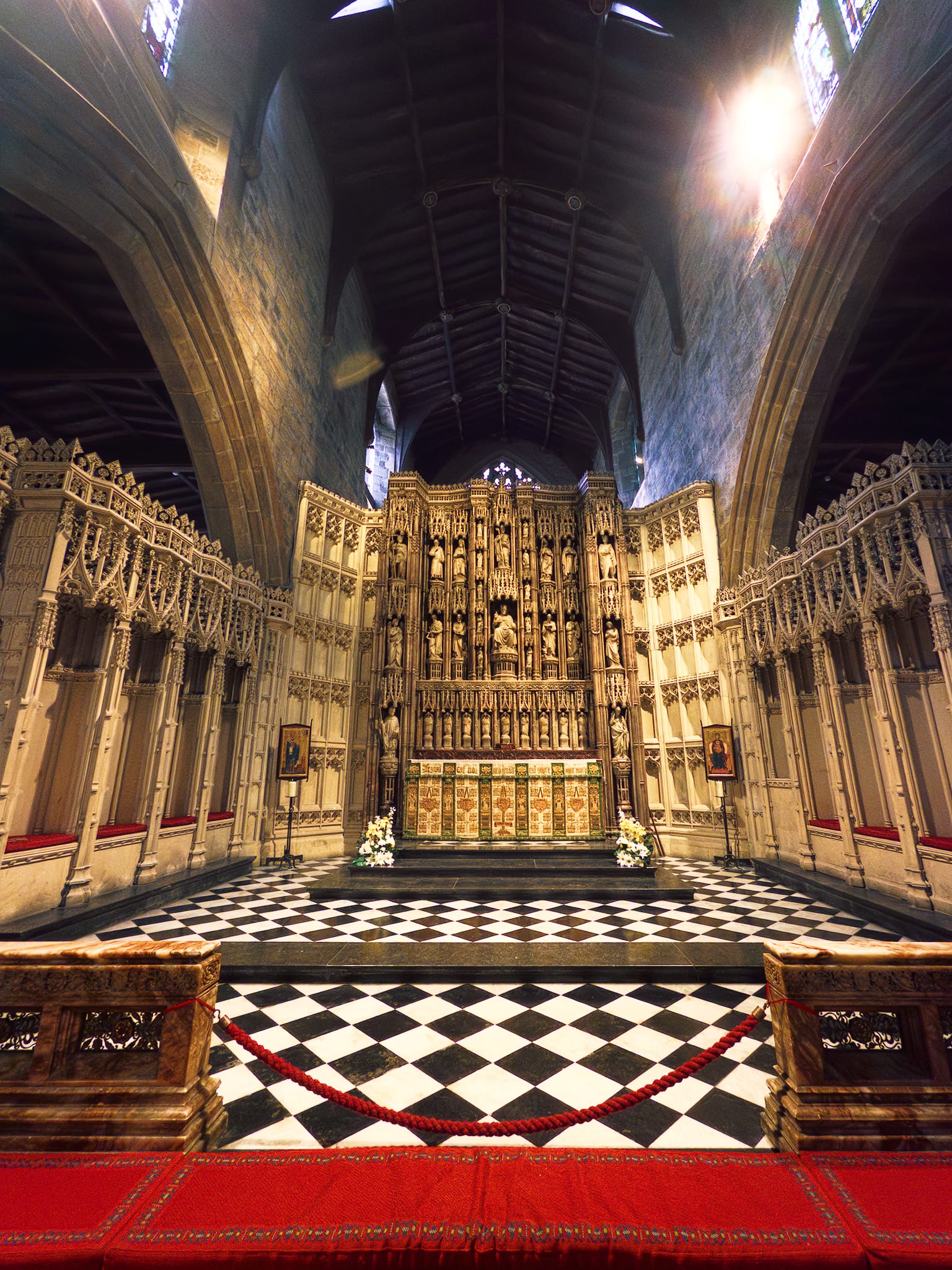 Hidden away from Dean Street up a little ginnel is Newcastle Cathedral. Only a city could “hide” a cathedral within it. We had to nip in for a look. This is the ornate High Altar plus the intricately carved reredos behind it. Newcastle Cathedral dates back to around 1350 CE.
