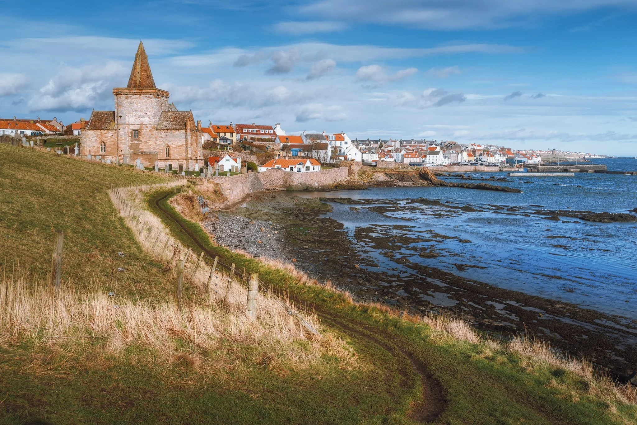 St. Monans in all its glory with St Monans church on the left. The church dates from 1369 CE, built by King David II Bruce. It’s usually known as “the church nearest the sea”, which is probably true.