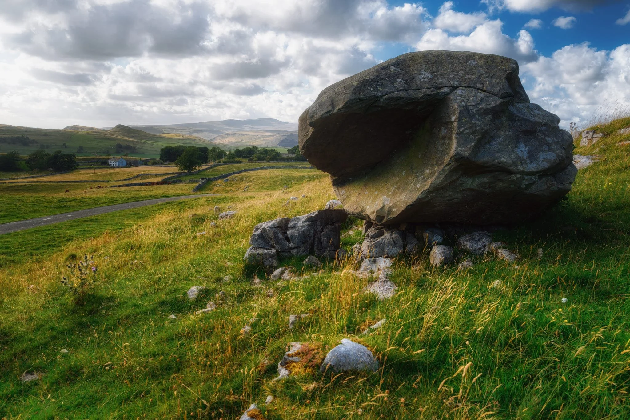 A glacial erratic! In the Dales, the most famous erratics are the Norber Erratics, but it was ace to find another one in Ribblesdale. This glaical erratic boulder is “Samson’s Toe”, approximately 8 foot high and balances upon limestone stilts. Because the limestone has been sheltered from the rain, they have not eroded away. The boulder was deposited here at the last Ice Age 12,000-13,000 years ago.