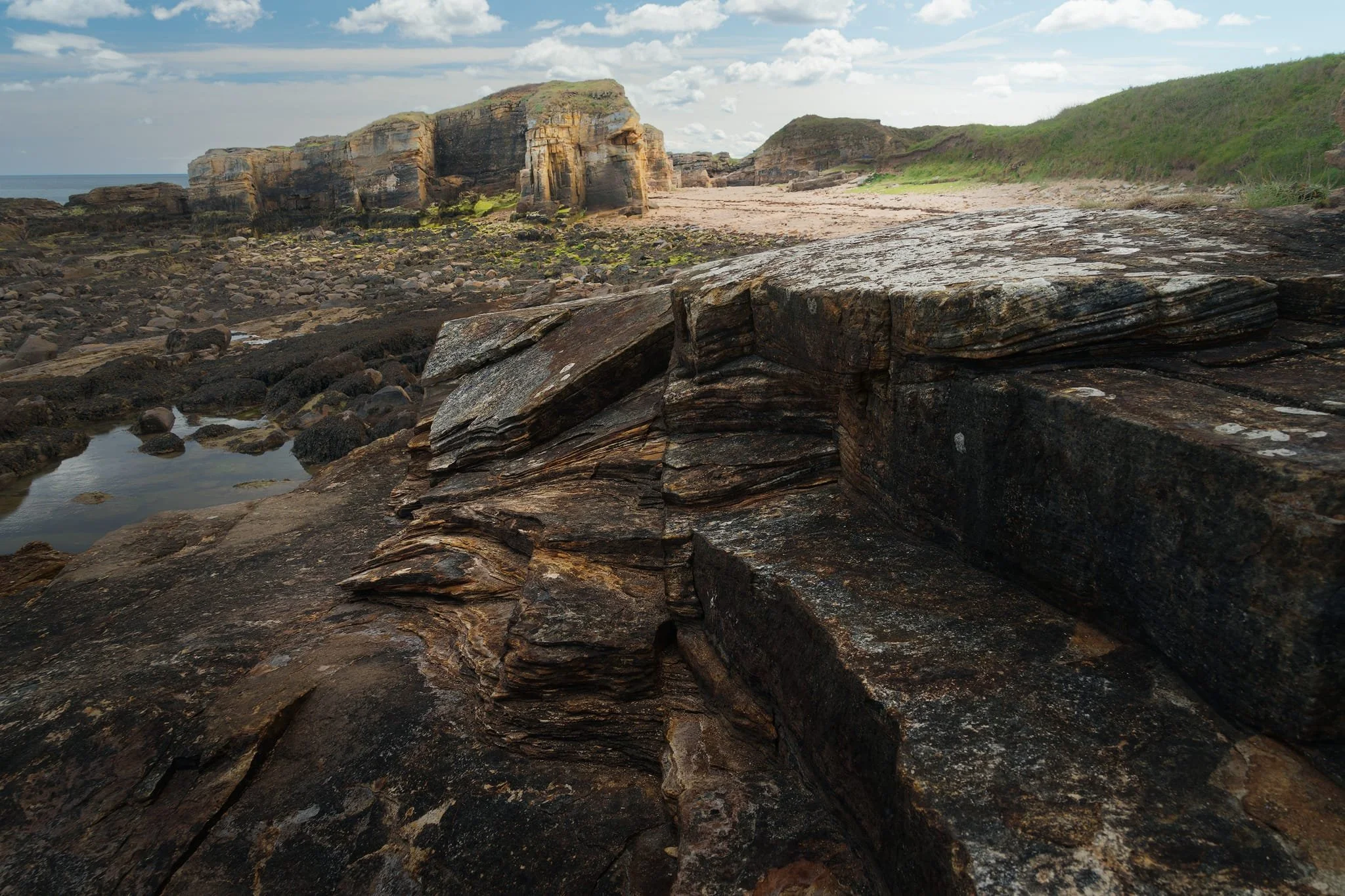 We did not expect to see what we found when we decided to have a nosey around the Rumbling Kerns of Howick. Wow . The geology around here is crazy. The dark, thin layers in the foreground are old floodplain muds and silts, deposited when the river overflowed its banks and settled out fine particles. The chunky, blocky sandstones you see further back are the main river channels (the Rumbling Kern) where fast water dumped coarser sand. Over time, ice-age floods and tides have smoothed and sculpted both.