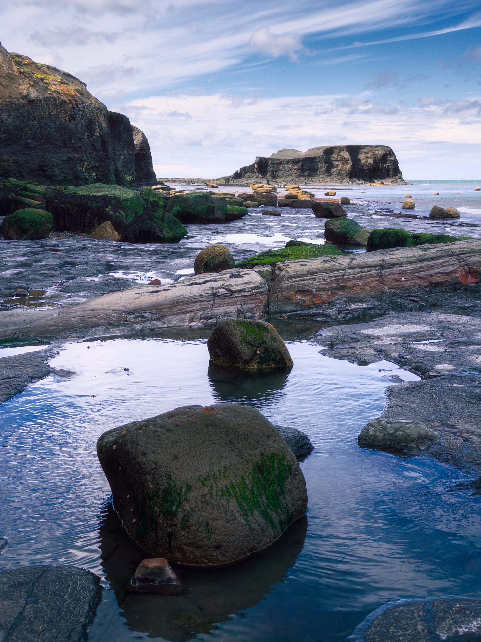 That’s Saltwick Nab in the distance, the flat-topped headland (“North Batts” area). A beautiful wave-cut shale platform in the foreground cuts across with algae-covered boulders sitting in tidal pools. Green algae marks tidal exposure zones; the smooth, flat bedding surfaces are Alum Shale, kept polished by regular wave action.