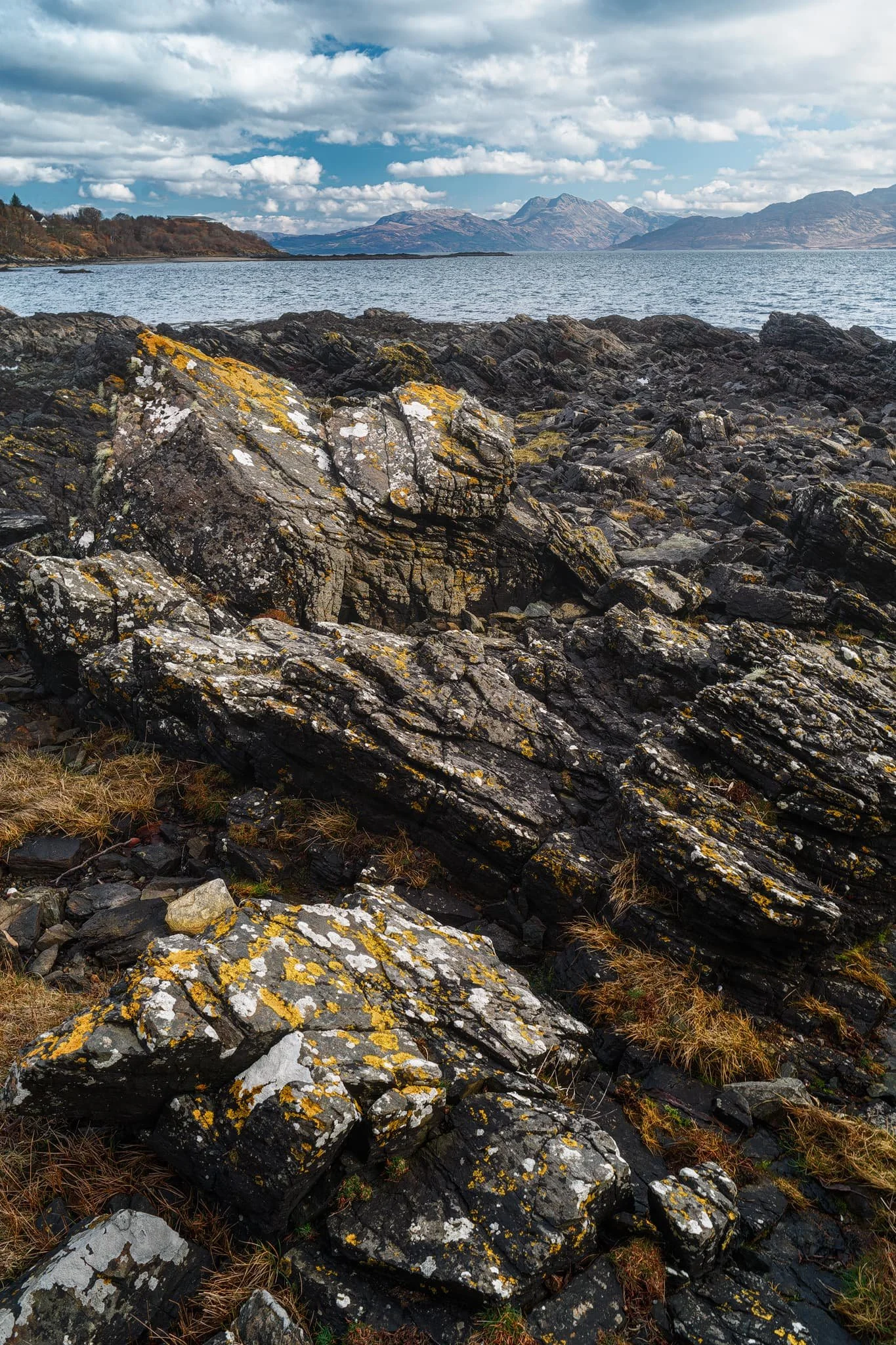The geology around Armadale is largely comprised of Lewisian Gneiss, which are some of the oldest rocks on Earth; roughly 3.0–1.7 billion years old! In the distance the main peak in the Knoydart is Ladhar Bheinn (“peak of the hoof”).