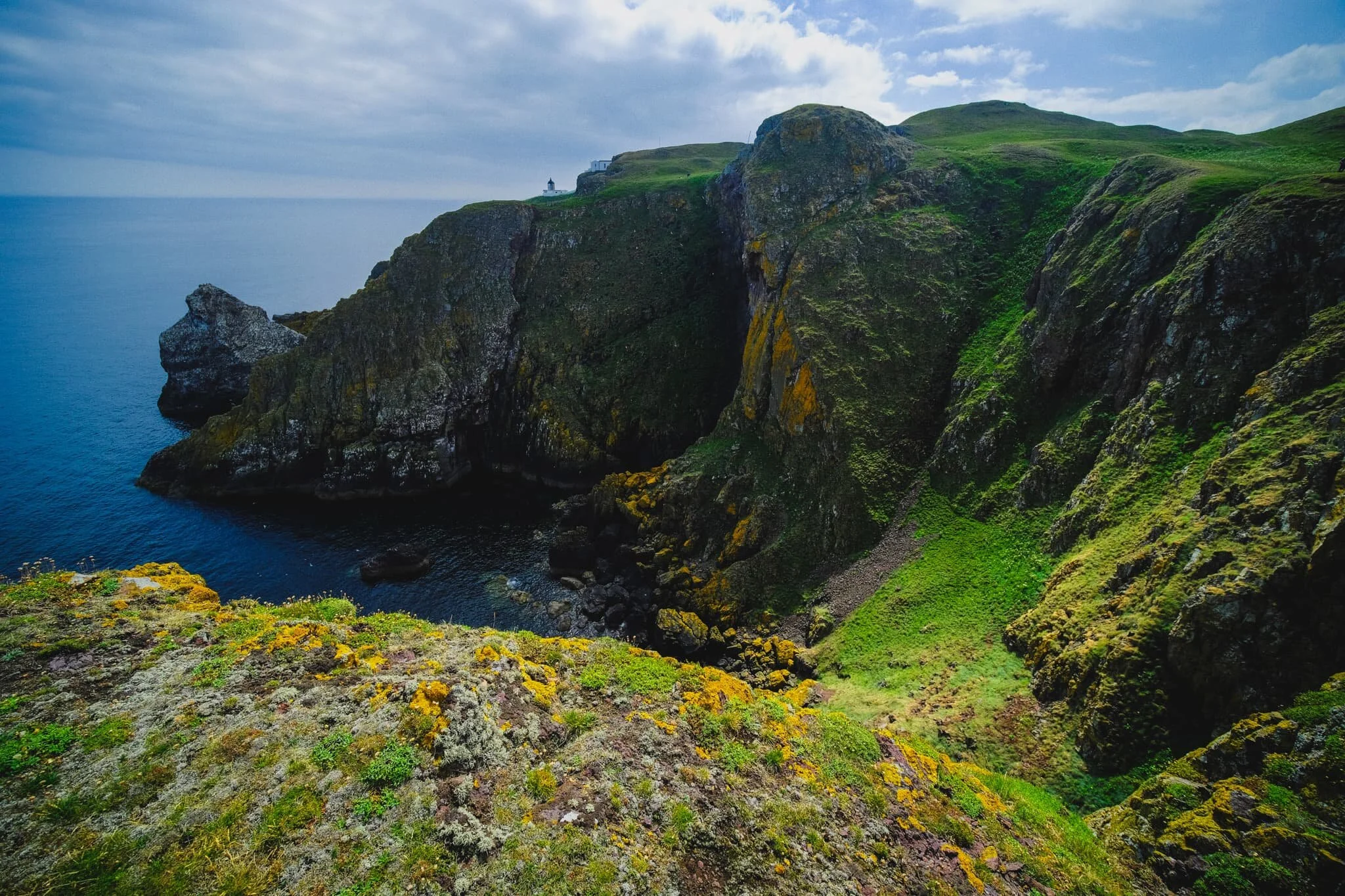 Further northeast along St. Abb’s Head, I follow a spur out near the ruins of St. Abb’s Nunnery, which enables me to view this open panorama of the sheer cliffs and St. Abb’s Lighthouse.