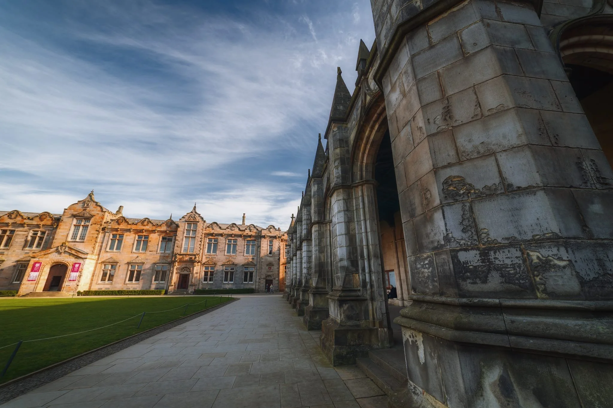 The cloisters of St Salvator’s Chapel around St Salvator’s Quadrangle, looking towards Lower College Hall. The Chapel was founded in 1450 CE built in the Late Gothic architectural style. It’s the chapel of the United college as well as being the major university chapel.