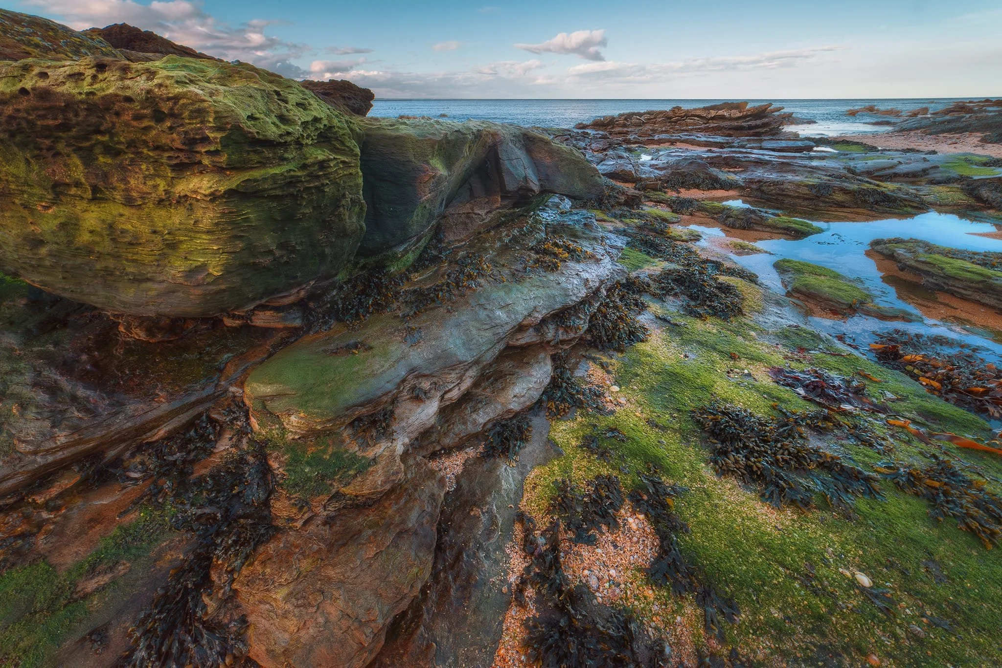 As sunset neared we followed the coast west of St Andrews to Buddo Ness to find another ancient sea cave , called Buddo Rock. With the tide out, various formations covered in algae and seaweed revealed themselves for some compositional fun.
