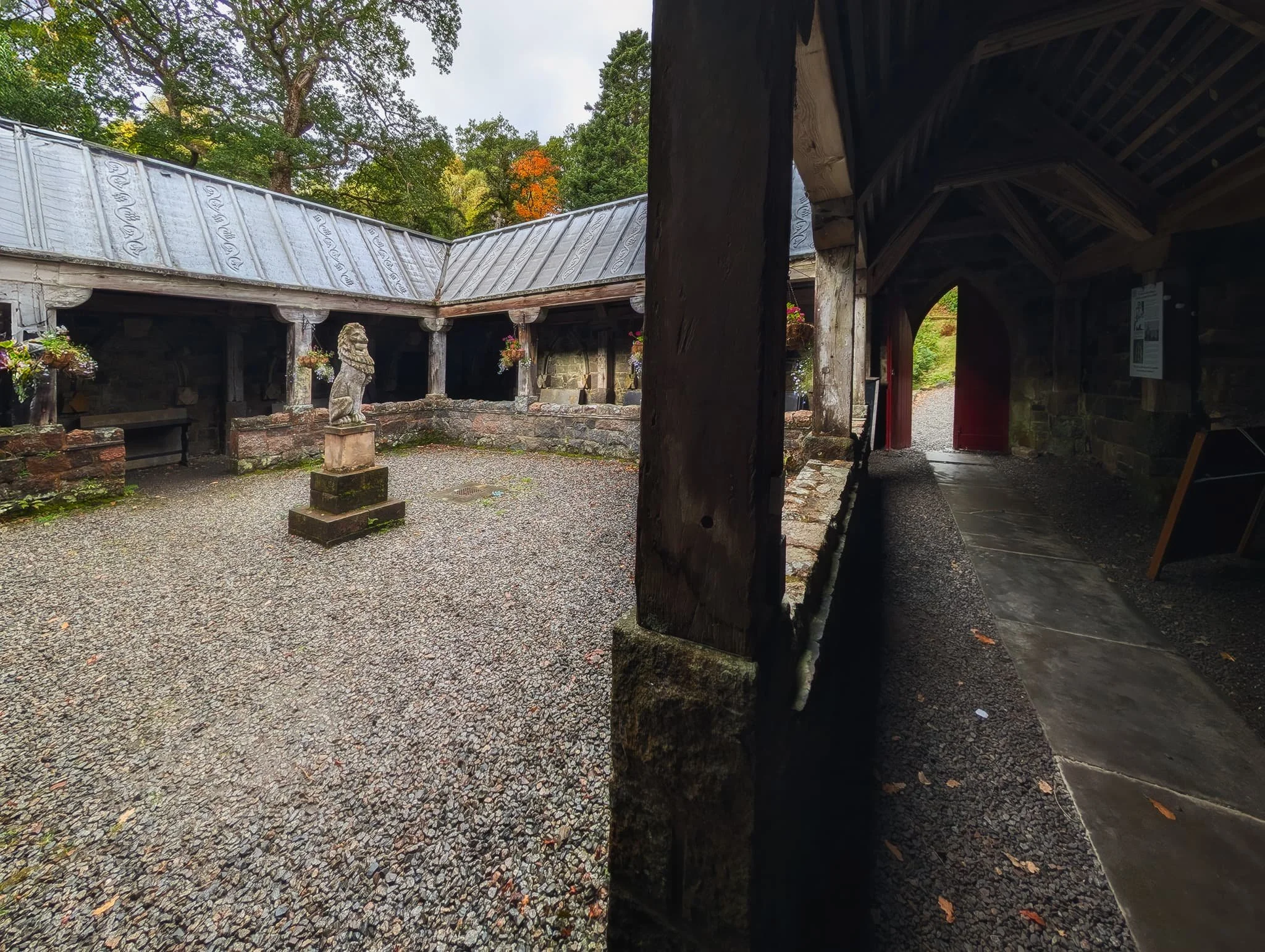It is believed that the cloister’s heavy oak beams were sourced from two recently, at the time, decommissioned wooden battleships: HMS Caledonia and HMS Duke of Wellington .