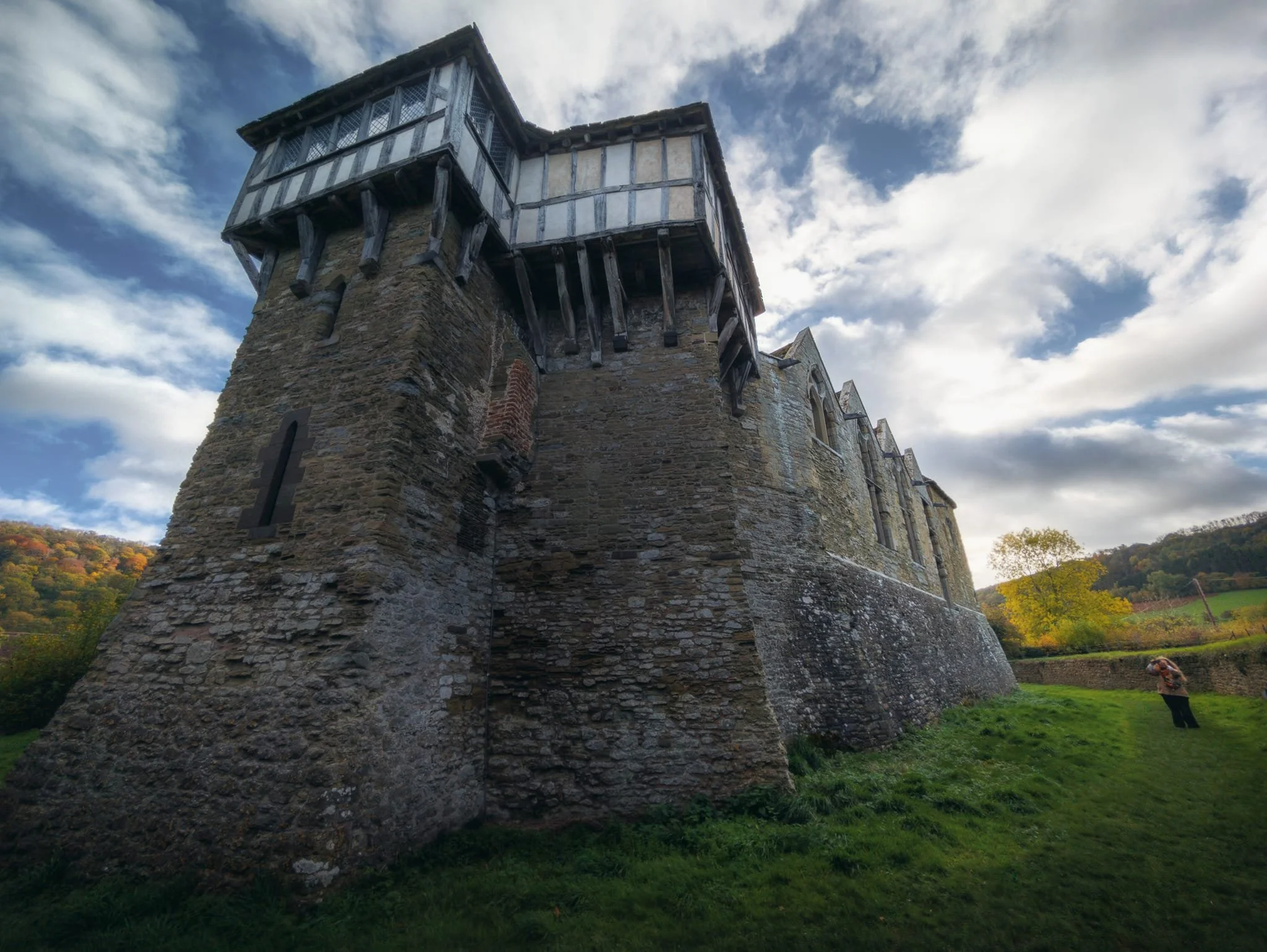 We circled down to the moat around the castle, capturing this imposing aspect of the castle and its northern tower.